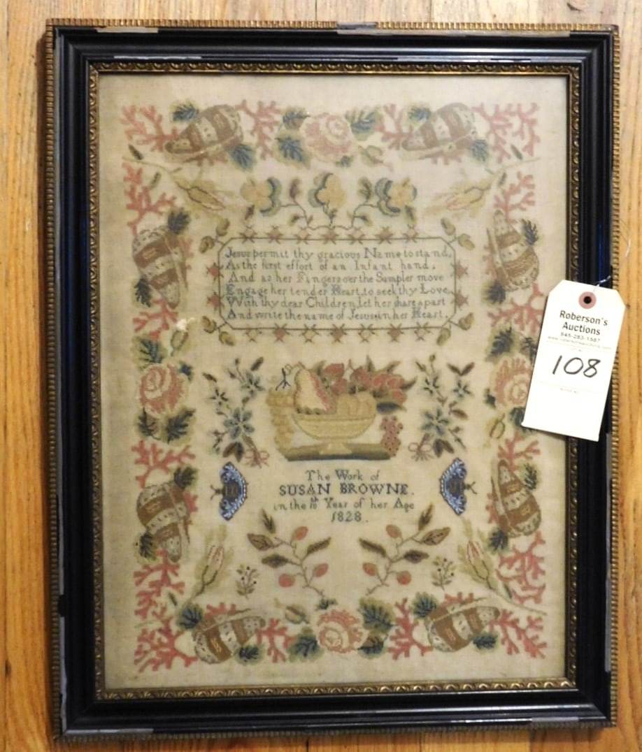 16 1/2" x 20 1/2" Sampler Dated 1828: 16 1/2" x 20 1/2" Sampler Dated 1828 by Susan Browne w/ Butterflies, Fruit Bowl & Florals in Gd Cond. ( Has Small Hole to left of Rectangular Box w/Writing), w/Frame 22 1/2"H x 18"W
