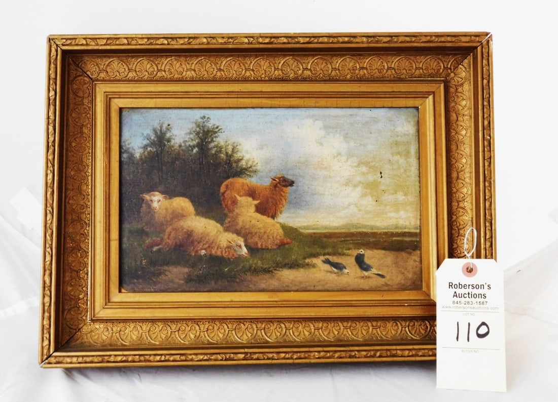 O/B Grazing Sheep and Seagulls: 9 x 13 1/2" O/B Signed Howard Hill l.l. of Grazing Sheep and Seagulls in GD Cond.