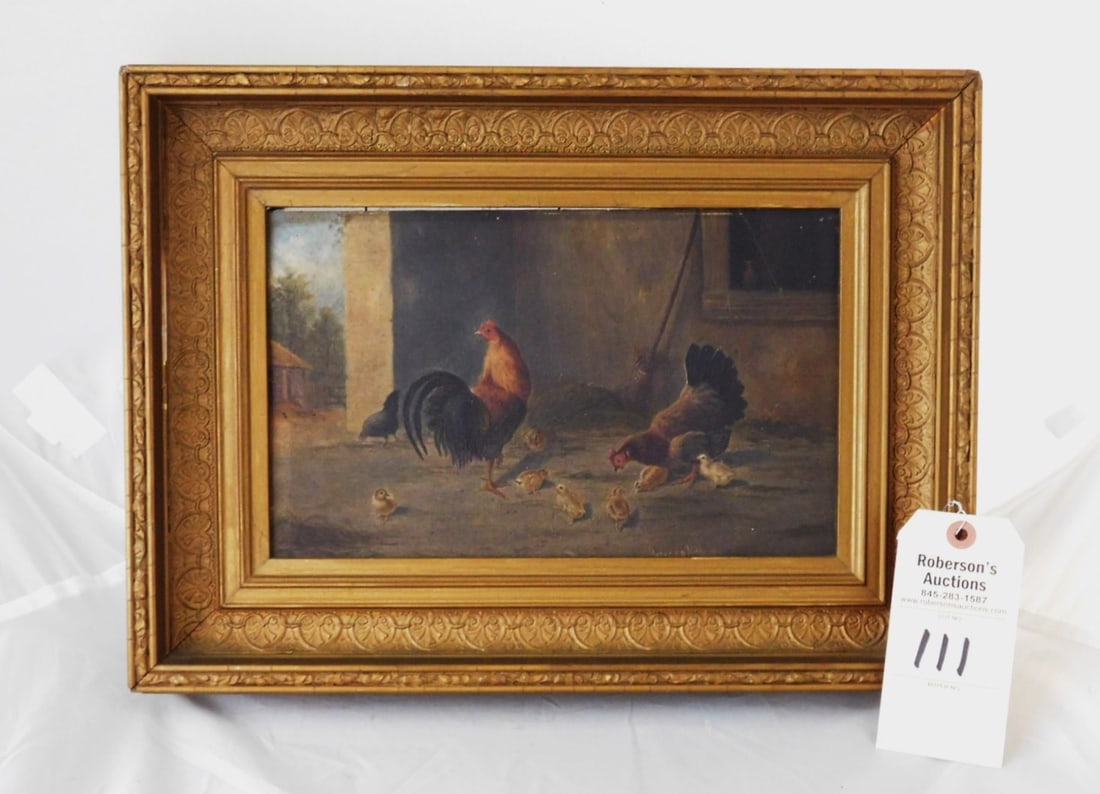 9" x 13 1/2" O/B Barnyard Chickens: 9" x 13 1/2" O/B By Howard Hill Signed l.l. of Barnyard Chickens in GD Cond.