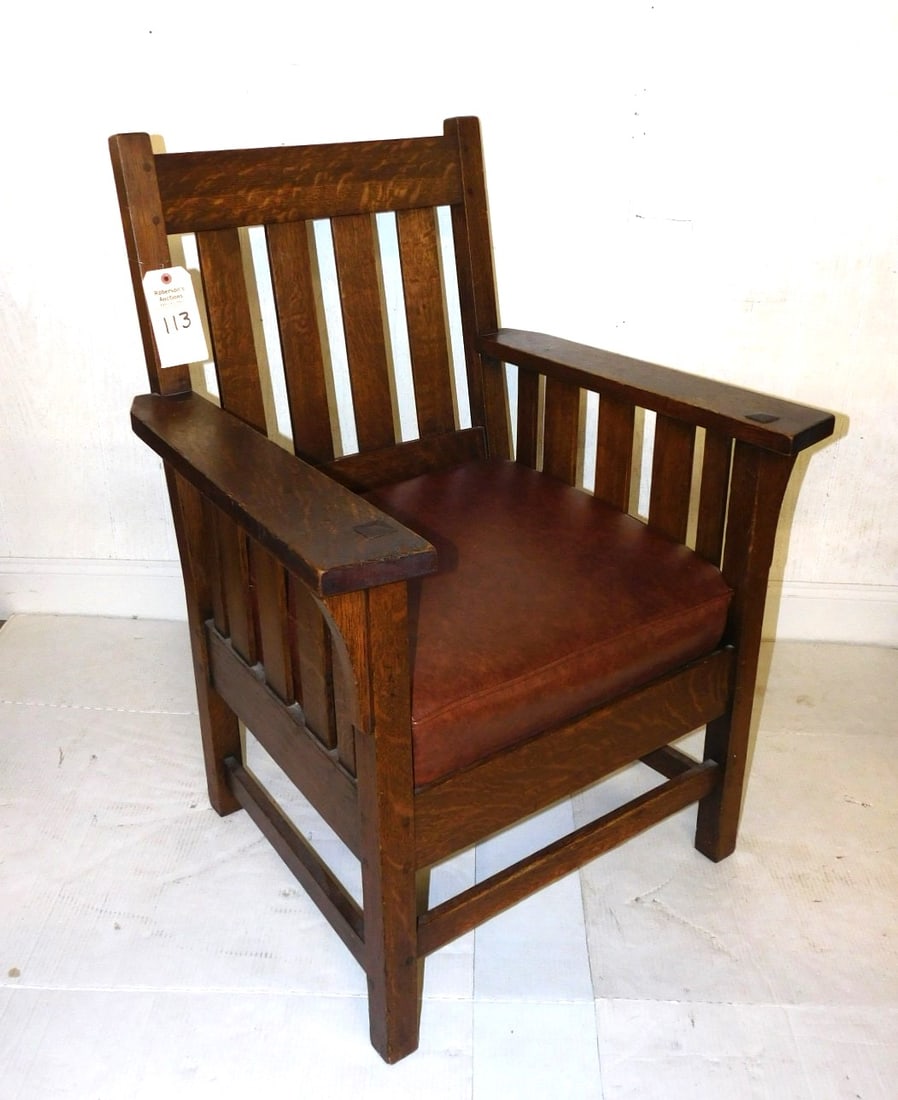 Mission Oak Flat Arm Chair: Mission Oak Flat Arm Chair - Unsigned, But In the Style of Stickley in Gd Cond. - 38 1/4"H x 29"w x 24 1/2"D