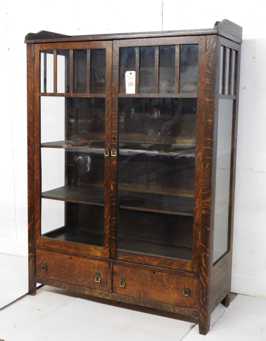 Arts & Crafts Mission China Cabinet: Arts & Crafts Mission Oak 2 Dr. China Cabinet w/2 Drawer Base Marked "Alliance Furn.Co." in Gd Cond,. Orig.Finish, 63 3/4"H x 46"W x 18"D