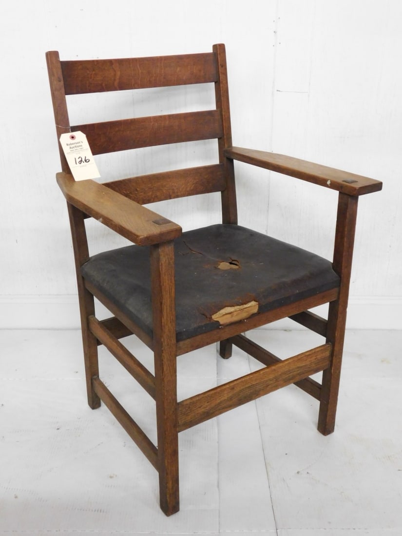 L & J.G. Stickley Arm Chair: L & J.G. Stickley Arm Chair w/As Is Cushion, has Wood Clamp Label w/ L & JG on Base, in Gd Cond. - 37"H x 24 1/2"Hx 19 1/2"D