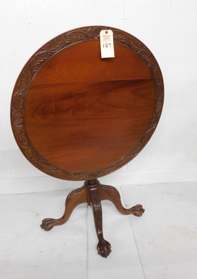 Mahognay Tilt Top Tea Table: Mahognay Tilt Top Tea Table w/Carved Edge and Feathered Cabriole Legs w/ Ball & Claw Ft. in VG Cond. - 27 1/2"D. Floor to Top; Tilt Up 46"H; 33"D Top