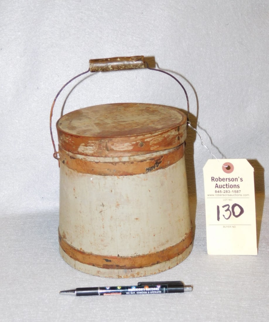 Early Wooden Firkin: Mini Early Wooden Firkin w/ Dbl. Bands & Handle w/Lid, Super Sweet Pc. In Old Gray/Grn Paint in Gd Cond. - 7"H x 4"D Top