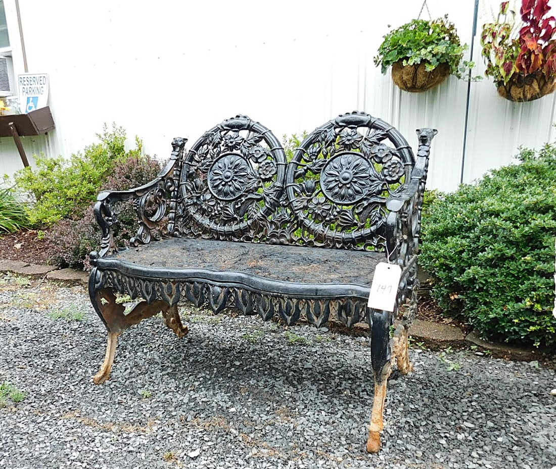 Ornate Iron Figural Bench: Ornate Iron Figural Bench Marked "Autumn" w/Figural Animal Heads on Back Tops, Floral Leaf Decorations, 2 Medallion Sunflowers in Gd Cond. - 40"W x 36"H x 21 D.1/2"D
