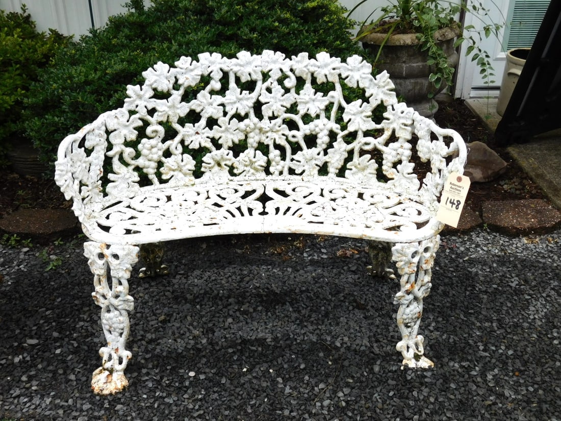 White Ornate Iron Bench: White Ornate Iron Bench w/Grapes and Floral Design in Gd.Cond. - 38 1/4"D x 28"H x 16"D