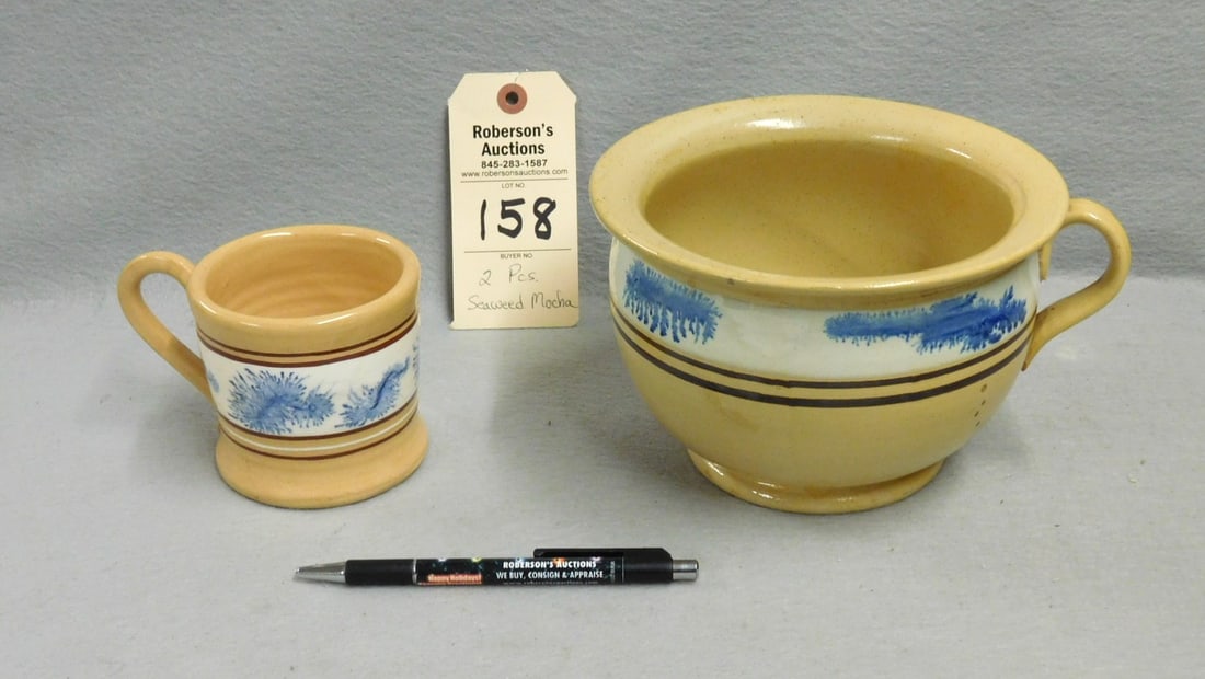 2 Pcs. Seaweed Mocha: 2 Pcs. Seaweed Mocha Incl. 7 1/4" D x 7 3/4"H Potty w/Handle and 3 1/2"H x 3 1/2"D Mug in VG Cond.