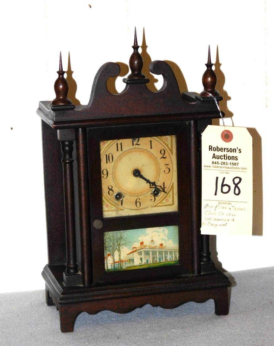 Miniature Pillar & Scroll Shelf Clock: Miniature Pillar & Scroll Shelf Clock C. 1920, All Original, Not Marked in GD Cond. - 13"H x 8"W x 5"D. Please Note: Shipping for Firearms & Clocks must be made by Purchaser, we will accommodate the s