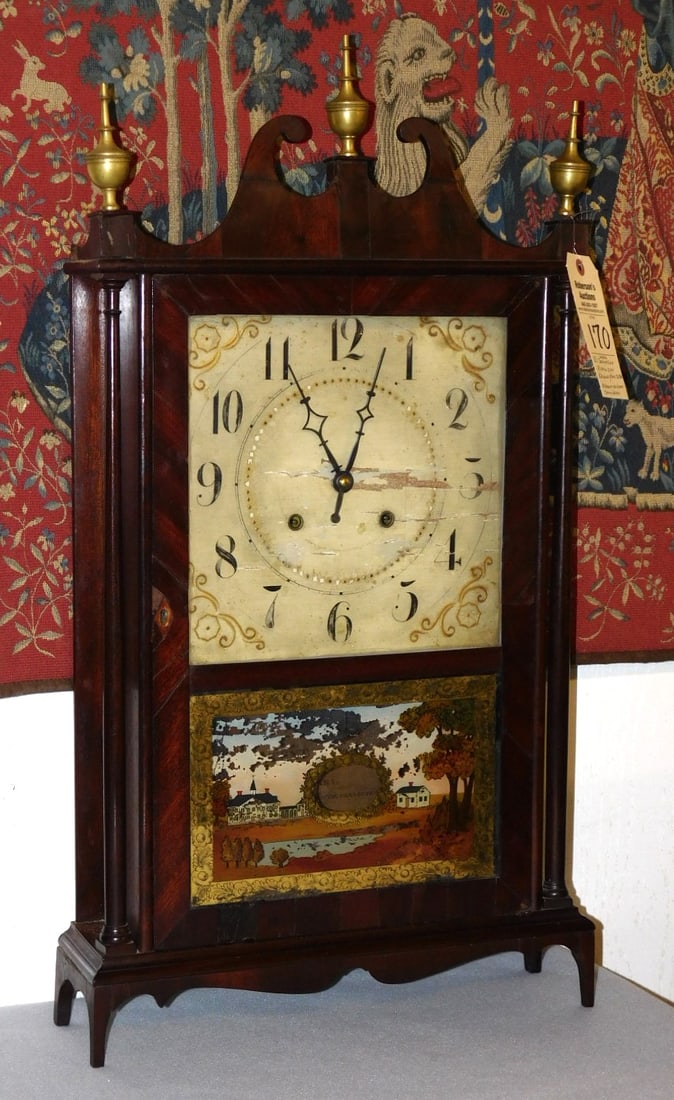 Eli Terry & Son Pillar & Scroll Mantle Clock: Eli Terry & Son Pillar & Scroll Mantle Clock, Orig. Glass C. 1825, Movement Now Brass, Spring Driven in GD Cond.(Double Scroll Work on top Has Been Repaired)- 31 1/2"H x 17 1/4"W x 4 1/2"D - Please No