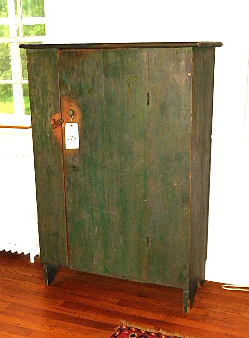 Early Pine Utility Cupboard: Early 1 Single Dr. Pine Utility Cupboard in Old Green Paint in Gd Cond. - 49"H x 34"Wx 17In.D.