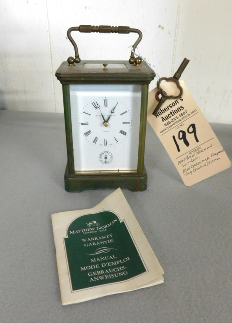 Matthew Norman London Carriage Clock: Matthew Norman London Carriage Clock- Repeating w/Alarm in Gd Cond. - 5 1/4"H x 5 3/4"W x 3"D - Please Note: We are not shipping clocks & Firearms. Shipping for Firearms & Clocks must be made by Purch