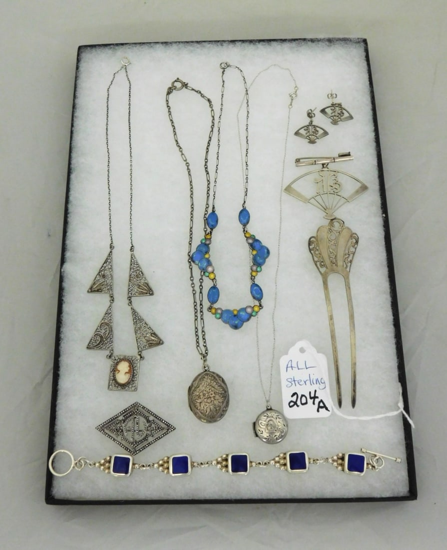 9 Pcs. of Sterling Estate Jewelry: 9 Pcs. of Sterling Estate Jewelry incl. a Cameo Necklace, 2 Locket Necklaces, Enameled Necklace, Hair Pin, Pin & Earrings Set in VG Cond.