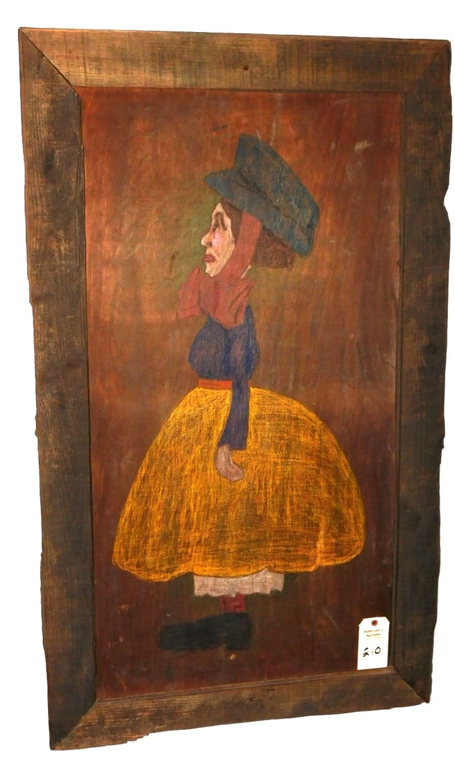 Folk Art Crayon on Board: Lg.. Folk Art Crayon on Board of Woman "Mrs. Van Duzer" in Gd Cond. - 48 3/4"x 29 1/2"