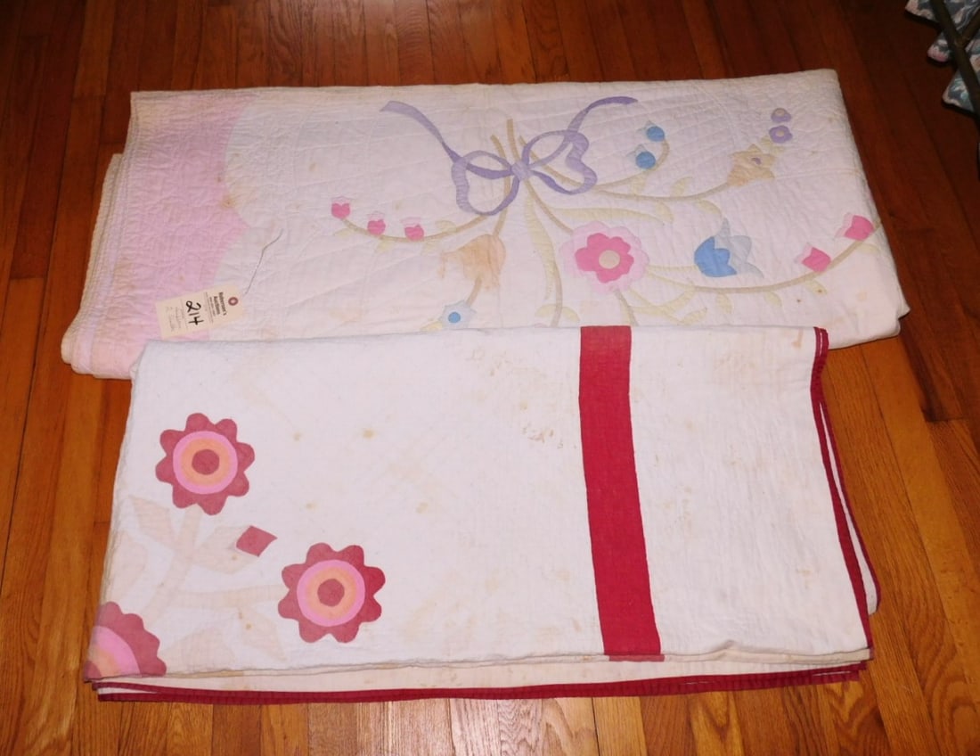 2 Handstitched Quilts: 2 Handstitched Applique Quilts As Found- Buying As Is, May Have Staining, Fraying and Fading - Full Szs.
