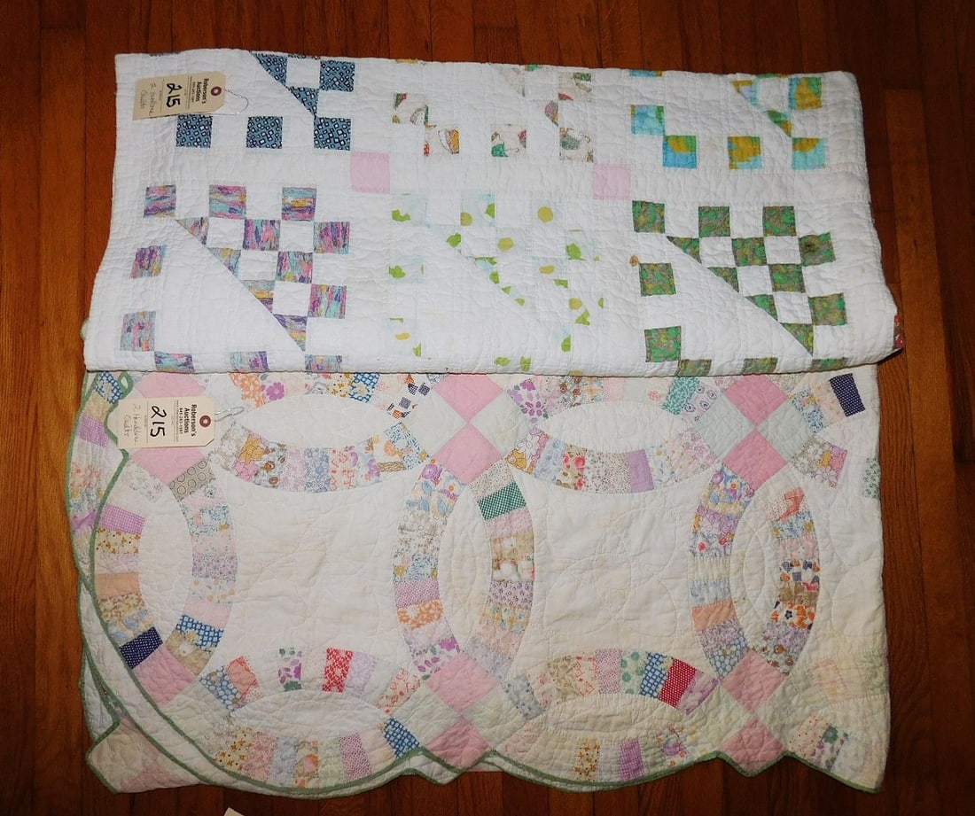 2 Handstitched Quilts: 2 Handstitched Quilts - As Found, Buying As Is - Have Staining, Fraying and Fading - triangles - 62x76 some staining, worn thinner; Dresdan Plate 78x91 Worn spots, Stains