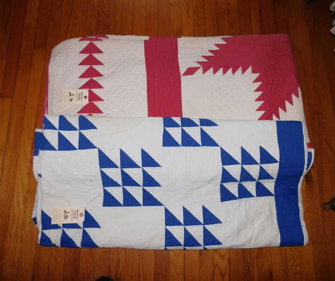 2 Handstitched & Machine Quilts: 2 Handstitched & Machine Quilts Flying Geese -As Found - As Is Have Staining, Fraying and Fading. B/W 75x80; Red Star 85x88