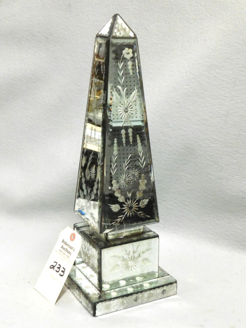 Etched Mirrored Oblesk: Etched Mirrored Oblesk in VG Cond. - 6 1/8"Sq. Base, 18"H