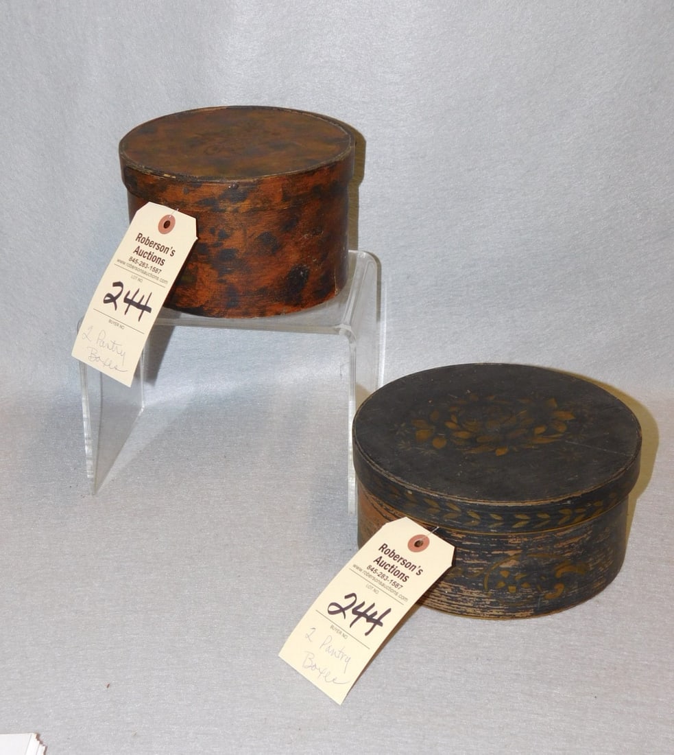 2 Early Pantry Boxes: 2 Early Decorative Pantry Boxes in Gd Cond. - 7"D x 4 1/4"H x 6 3/4"H