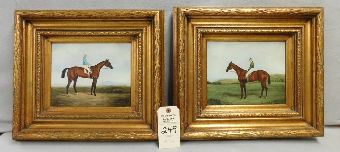 Pr. 8"x 10" O/C Paintings by "Shipley": Pr. 8"x 10" O/C Paintings by "Shipley" of Jockeys on Race Horses in Deep Gilt Type Frames in VG Cond.