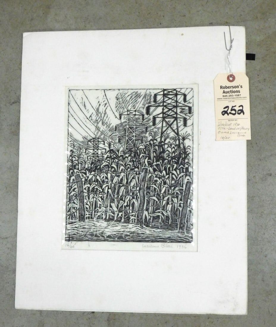 Woodcut Signed Lucienne Bloch 1936: Woodcut Signed Lucienne Bloch 1936 of Cornstalks in Mat w/ Plastic Cover - 16/20 in Gd Cond. - 11 1/4" x 9 1/4"