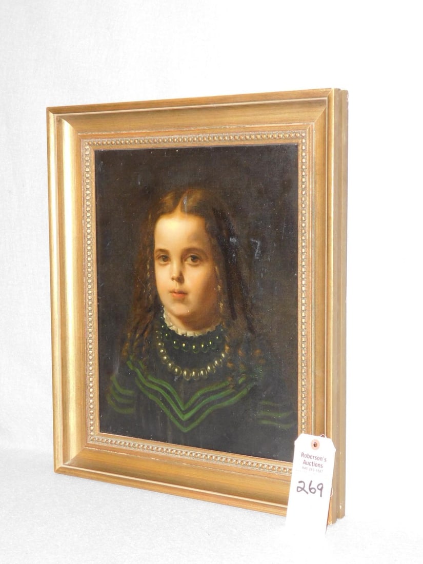 17"x 14" O/C Portrait of Young Girl: 17"x 14" O/C Portrait of Young Girl in Black Dress w/ White & Green Trim in GD Cond. (3 Sm. Repairs) (See Reverse Photo)
