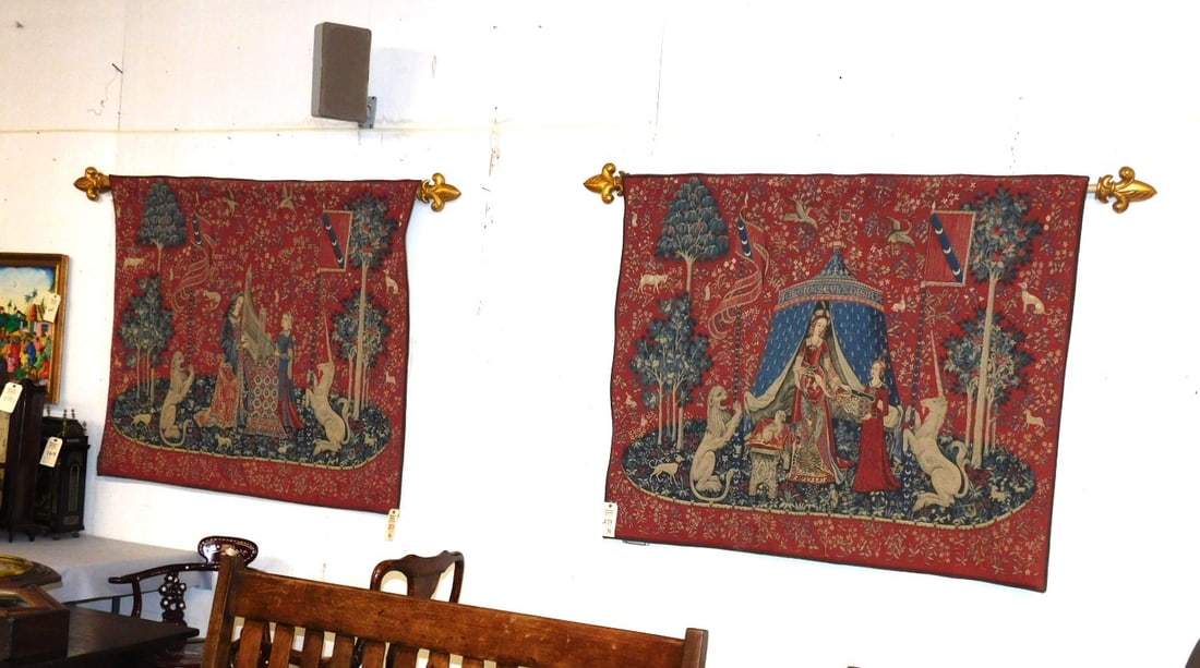 2 Wall Hanging French Tapestries: 2 Lg. Wall Hanging French Tapestries - Marked "Point De L'Hallunin France" w/1st One - Woman Looming, Monkey, Unicorn, Dog, Birds.; 2nd One - Woman w/Handmaiden, Unicorn, Lion, Birds, Dogs in Gd Cond.