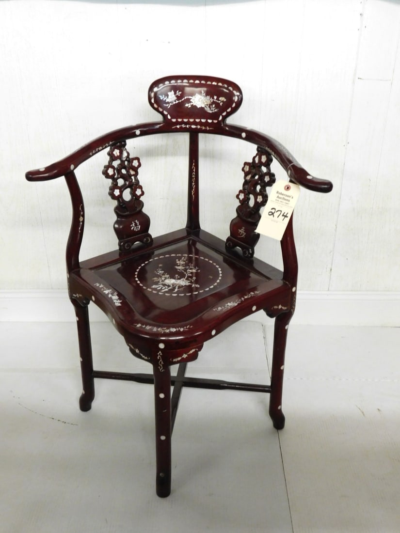 Inlaid Corner Photographer's Chair: Inlaid Corner Mahogany Photographer's Chair in VG Cond. - 33"H x 21"W