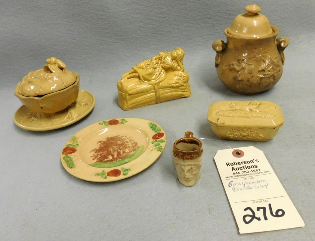 6 Pcs. Unusual Yellow Ware: 6 Pcs. Unusual Yellow Ware Incl. Reclining Woman on Wheat, (Has Chip Foot, Big Chip on Base Rim); Rose Figural Top w/Bee Compote (2 Sm.Chips); 5 1/2"D Plate; Figural Mini Mug;Covered Mini Box (2 Sm Ch
