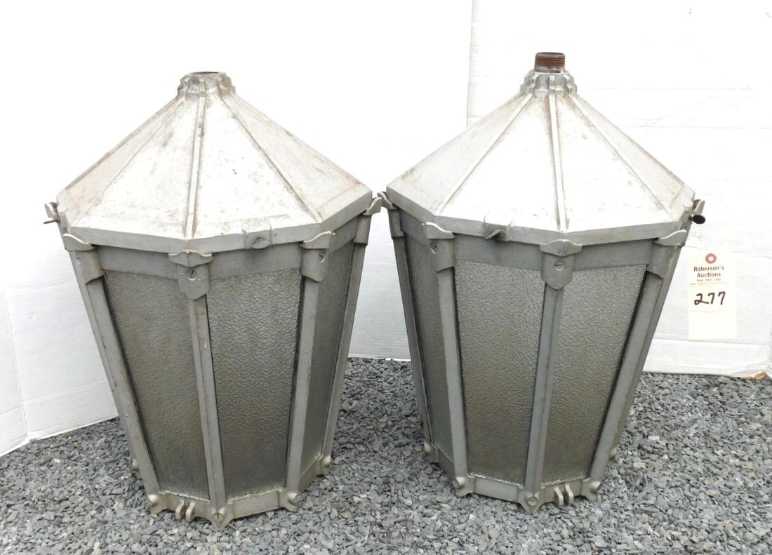 Pr. Vintage Street Light Shades: Pr. Vintage Street Light Shades in Frosted Glass & Metal in Gd. Cond.