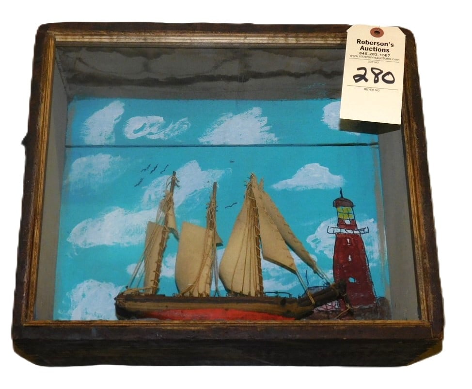 Folky Masted Ship in Shadowbox: Folky Masted Ship in Shadowbox - Shadowbox Made from "Hercules Powder Co." Box in Gd. Cond. - 13Hx16Wx7"D