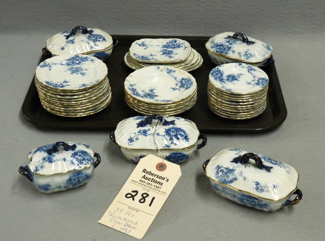 39 Pcs.Miniature "Rosamond" Flow Blue: 39 Pcs.Miniature Flow Blue in the"Rosamond" Pattern C.1893 in Gd Cond. - 4 3/8"D Plates; 4 1/2"D Bowls; 3 3/4"D Dessert Plates; Covered Servers- 4- 5 1/2"L; Platters From 4-6"L in Gd. Cond.