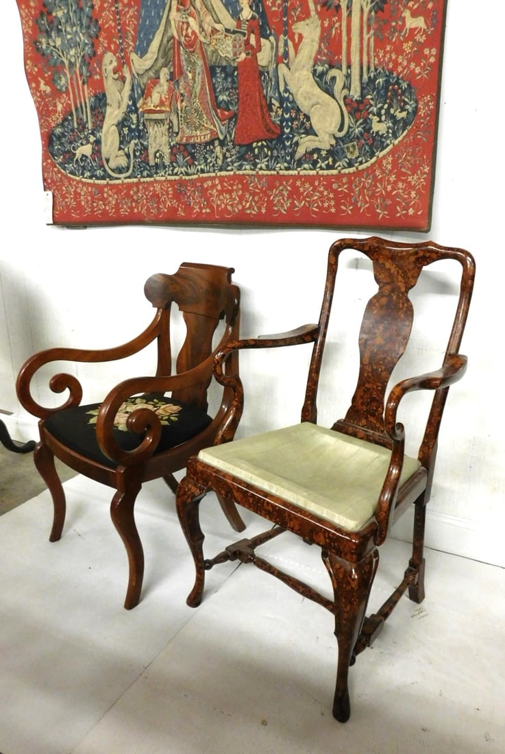 2 Victorian Arm Chairs: 2 Victorian Arm Chairs Incl. All Over Bubble Design & a Scroll Arm Tapestry Seat Arm Chair in GD Cond. - 35"H x 19"W Tapestry Seat; 39 1/2"H w/ Bubble Design