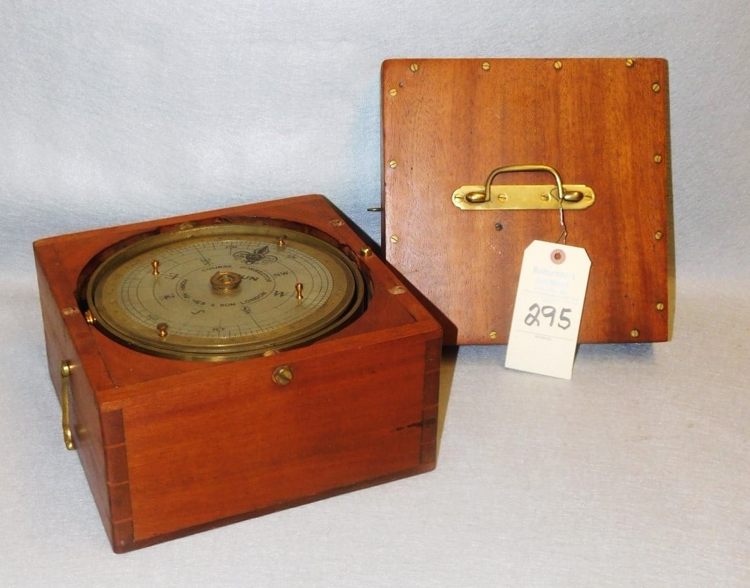 Nautical Compass in Wooden Case: Nautical Compass in Wooden Dovetailed Case w/Lid Marked "Henry, Hughes & Son - London" in Gd. Cond. - 10 1/2 Sq. x 5 1/2"H.