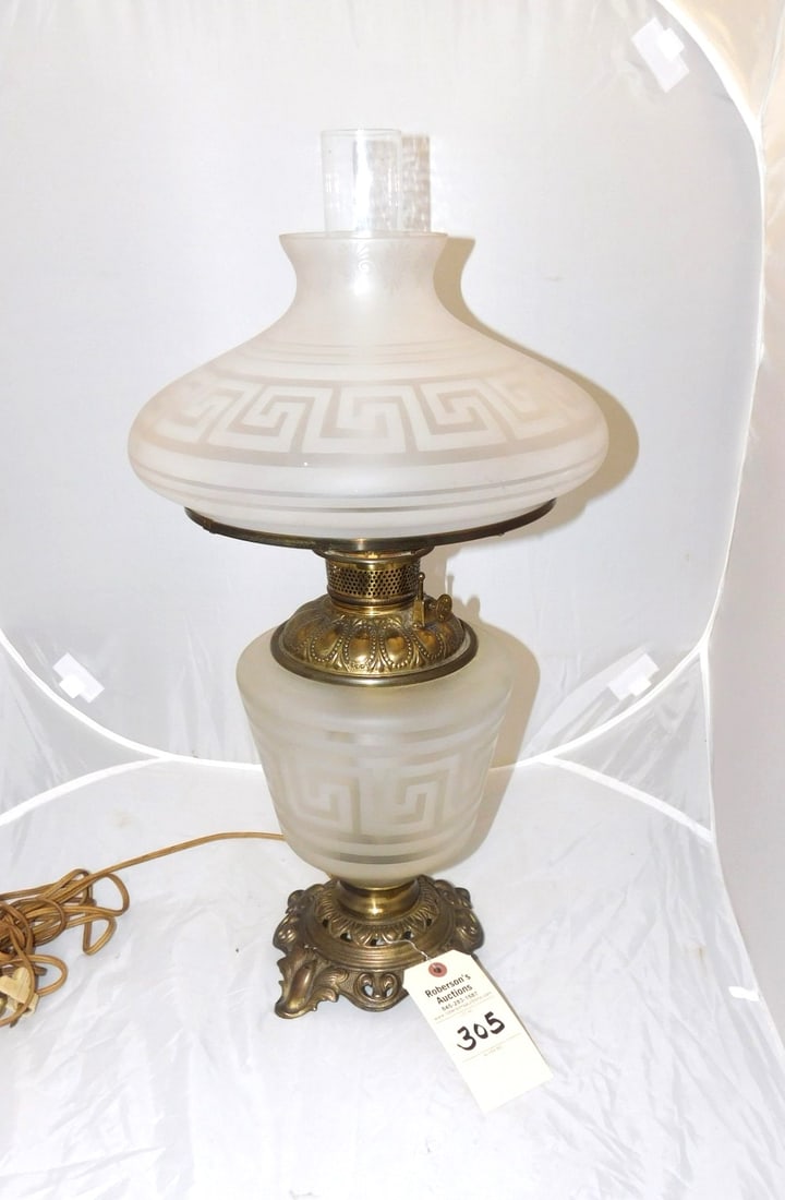 Greek Key Design Oil Lamp: Greek Key Design Oil Lamp - Has Been Electrified, But Orig. Font in Place in Gd. Cond. - 9 W.x 25"H. w/Chimney