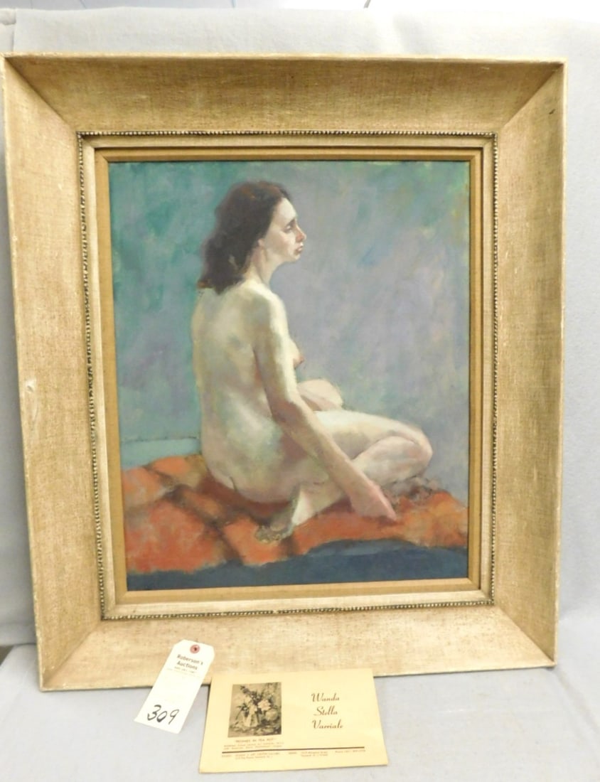 24x20" Oil of Nude Woman by Varriale: 24x20" Oil of Nude Woman by Wanda Stella Varriale in Wide Deep Frame in Gd. Cond.