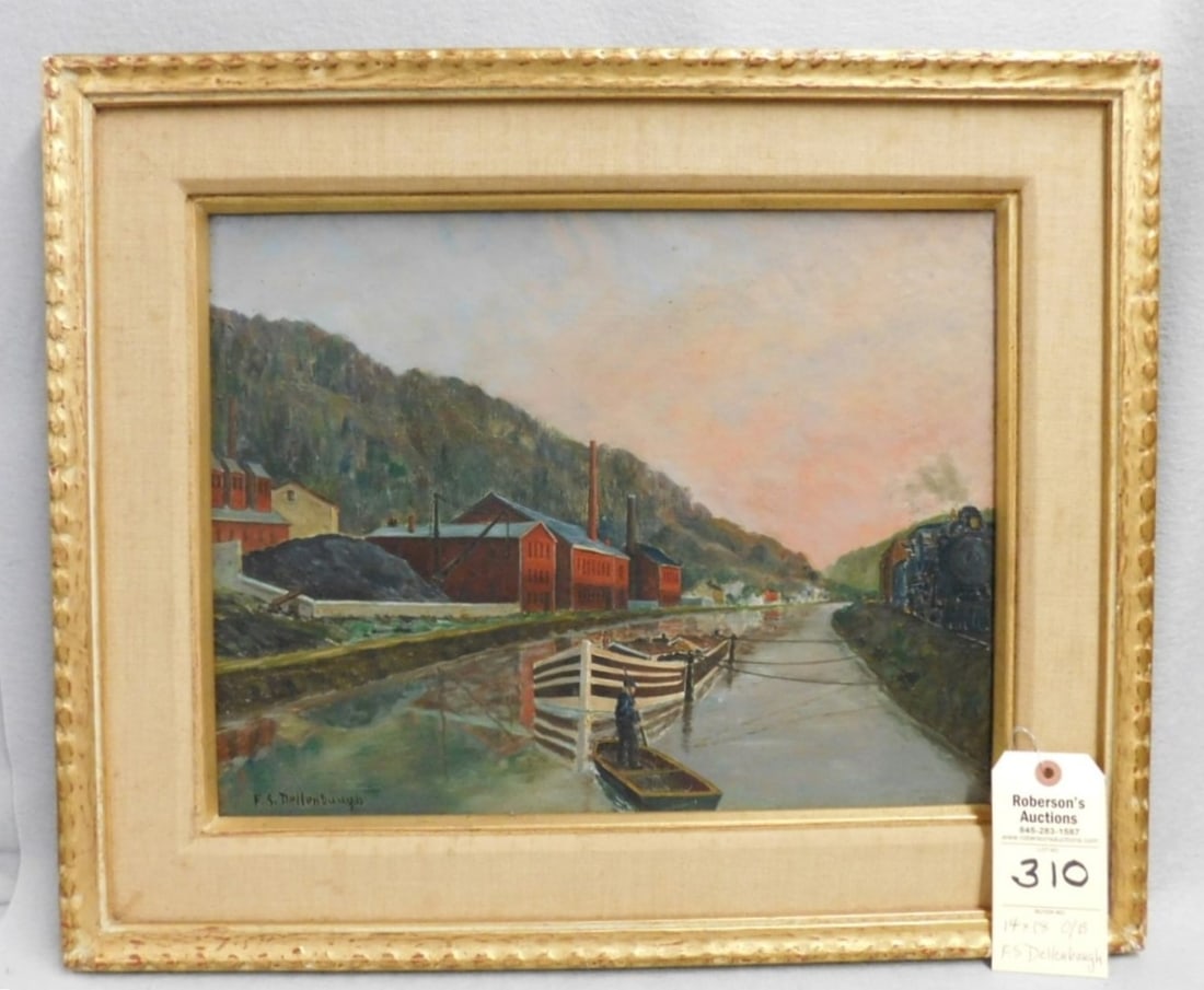 14"x18" O/B Signed F.S. Dellenbaugh: 14"x18" O/B Signed F.S. Dellenbaugh of D & H Canal Scene - Man on Boat by Dock, Commercial Bldgs. in Backgrd. in VG Cond.