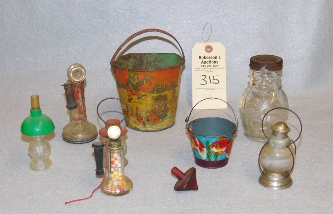 9 Vintage Collectibles: 9 Vintage Collectibles incl. 5 Candy Containers, 2 Pails, Top & Perfumer in Gd. Cond.