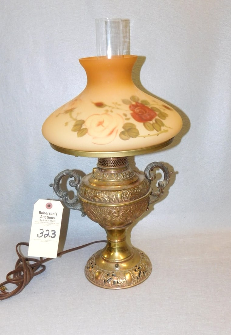 The New Rochester Oil Lamp: The New Rochester Oil Lamp w/ Floral Shade, Has Been Electrified, Needs Plug - All Orig.