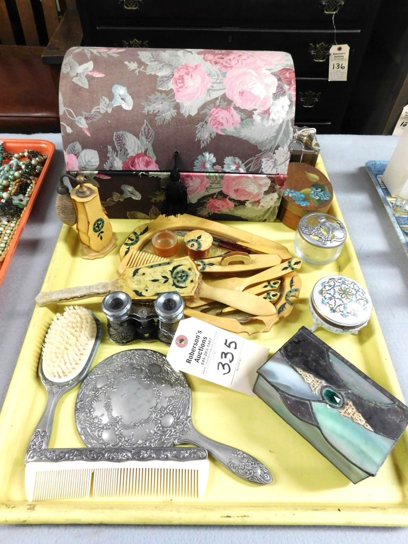 Lg. Lot of Vintage Collectibles: Lg. Lot of Vintage Collectibles incl. Jewelry Boxes, Celluloid Dresser set (as is), Repousse S.P. Binoculars, S.P. 3 Pc. Dresser Set incl. Comb, Mirror & Brush in Gd. Cond.