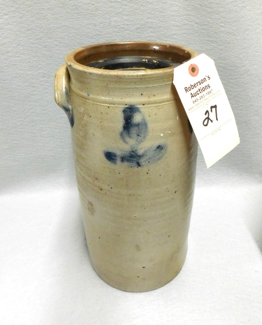Stoneware Butter Churn: Stoneware Butter Churn w/ Blue Floral Decoration - Sm. Sz. - Missing Dasher in Gd Cond. (2 Sm.Chips)