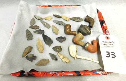 Native American Arrowheads & 6 Pipes