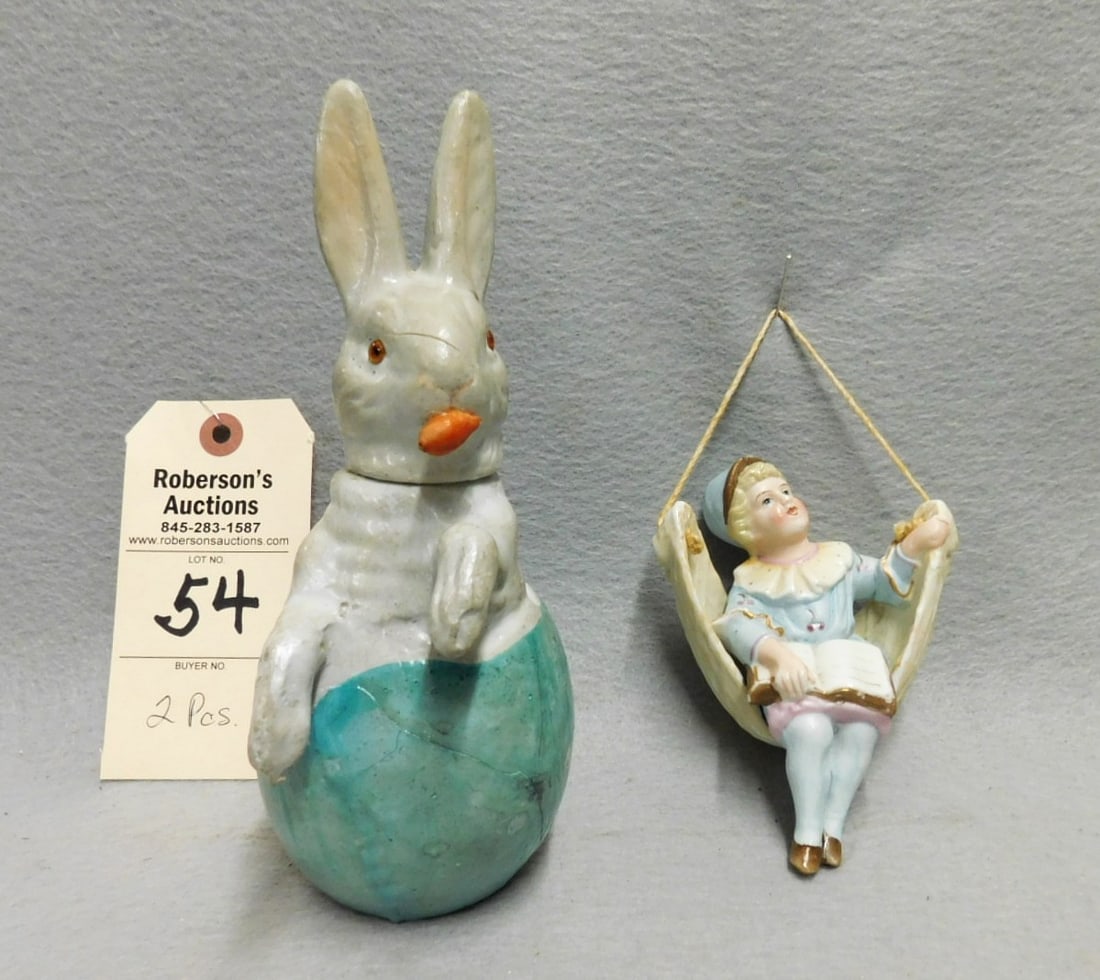 Rabbit Candy Container & Bisque Girl: 7 3/4" H. Papier Mache Rabbit Candy Container & 4 1/2" Bisque Hanger of Girl Reading Book in Hammock in GD Cond. (Rabbit has couple paint chips, line on left side of face - looks like it was in the ma