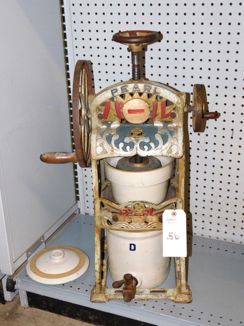 "Pearl" Ice Chopper Cooling Crock: Vintage "Pearl" Ice Chopper Cooling Crock w/ Ornate Iron Frame in GD Cond. - 28"H x 17"W x 12"D