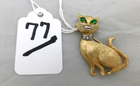 14K yg Cat Pin w/2 Emerald Eyes