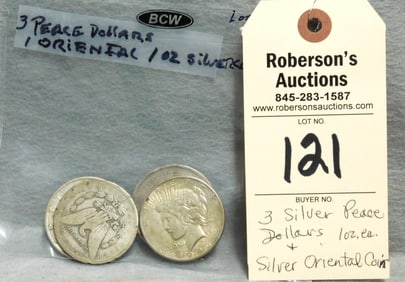 3 Silver Peace Dollars & Oriental Coin