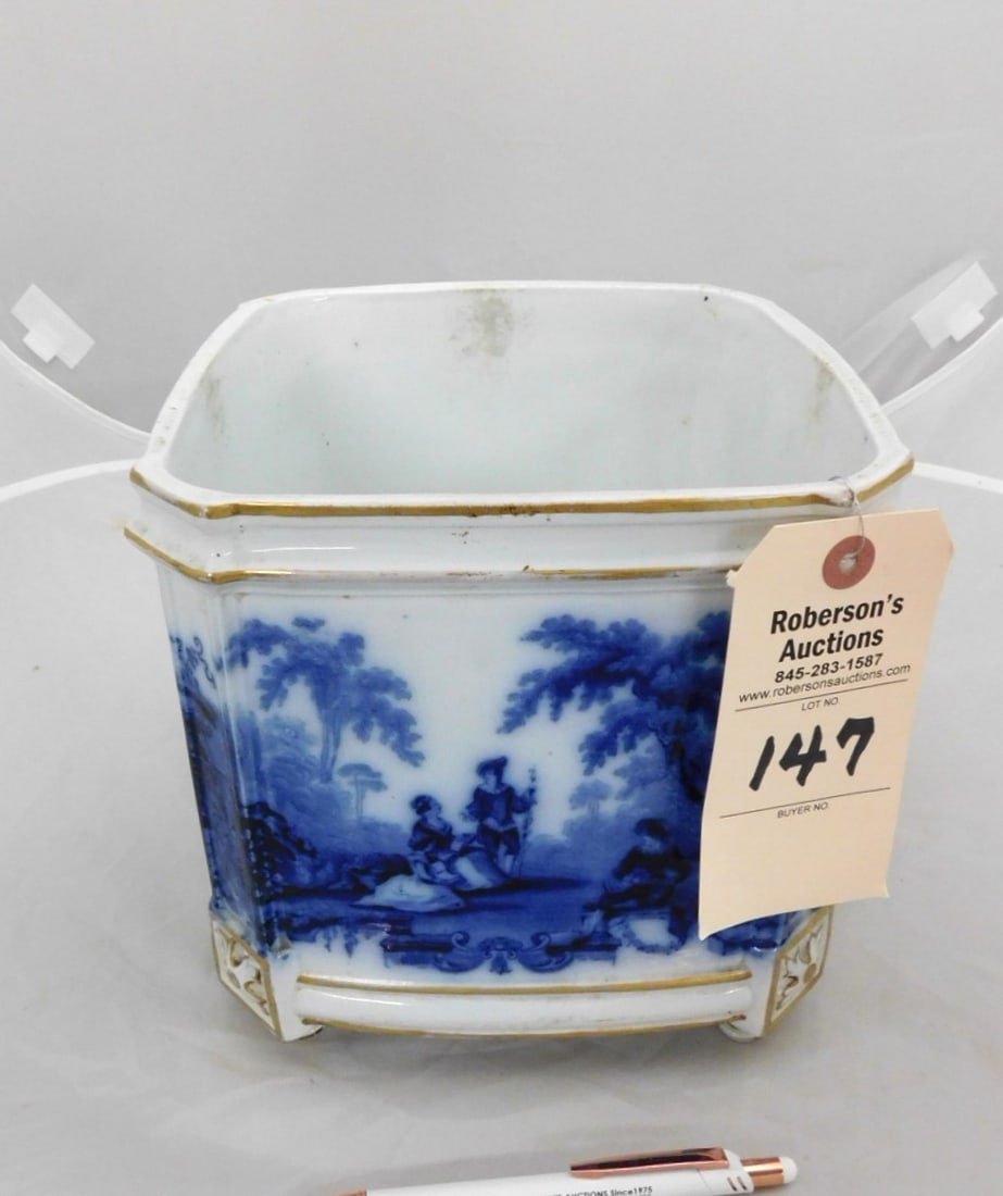 Flow Blue Sq. Jardinere: Flow Blue Sq. Jardinere - Unmarked in VG Cond.- 8"H. 8"Sq.