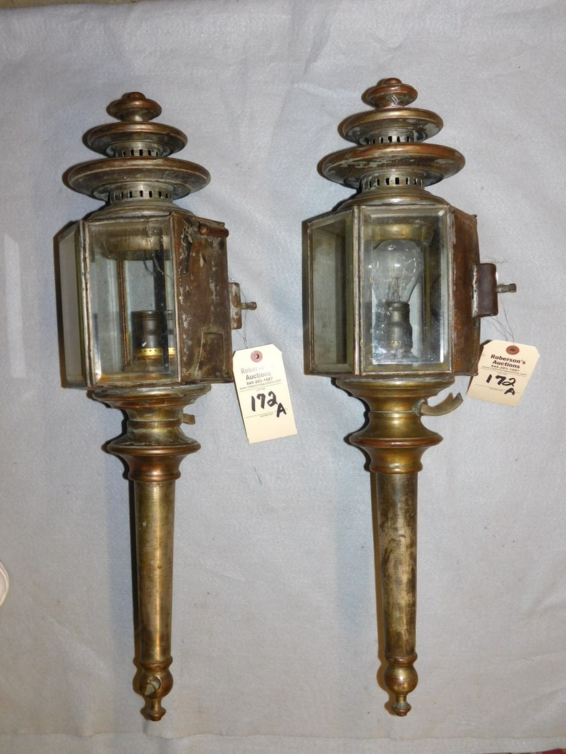 Pr. Metal/ Copper Carriage Lamps: Lg. Pr. Metal/ Copper Carriage Lamp- Electrified in GD Cond. (One Has Rust, 1 Has Cracked Glass Pane)