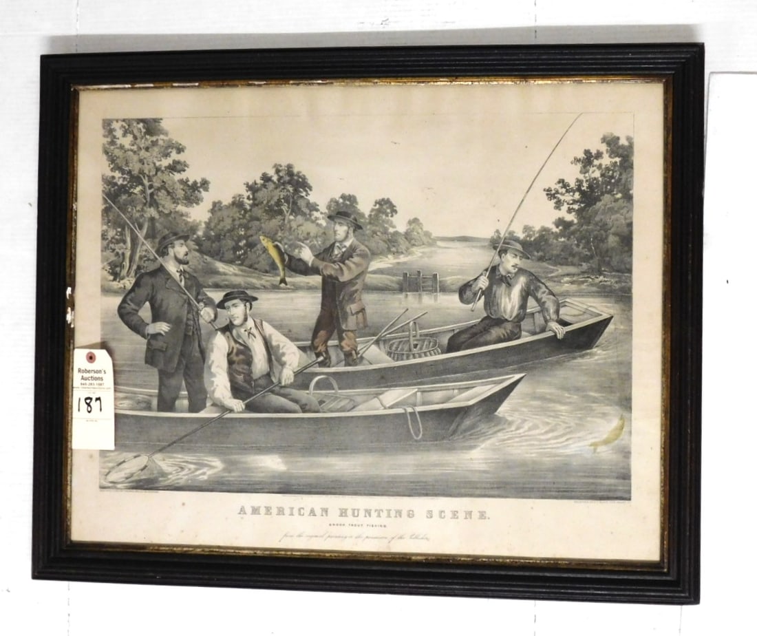 23" x 28" Litho of Men Fishing: 23" x 28" Litho of Men Fishing Titled "American Hunting Scene" by Thos. Kell, Printed by JT Ross- Grant St, NYC (Some Spotting)