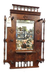 Fancy Oak Wall Mirror w/Coat Hooks