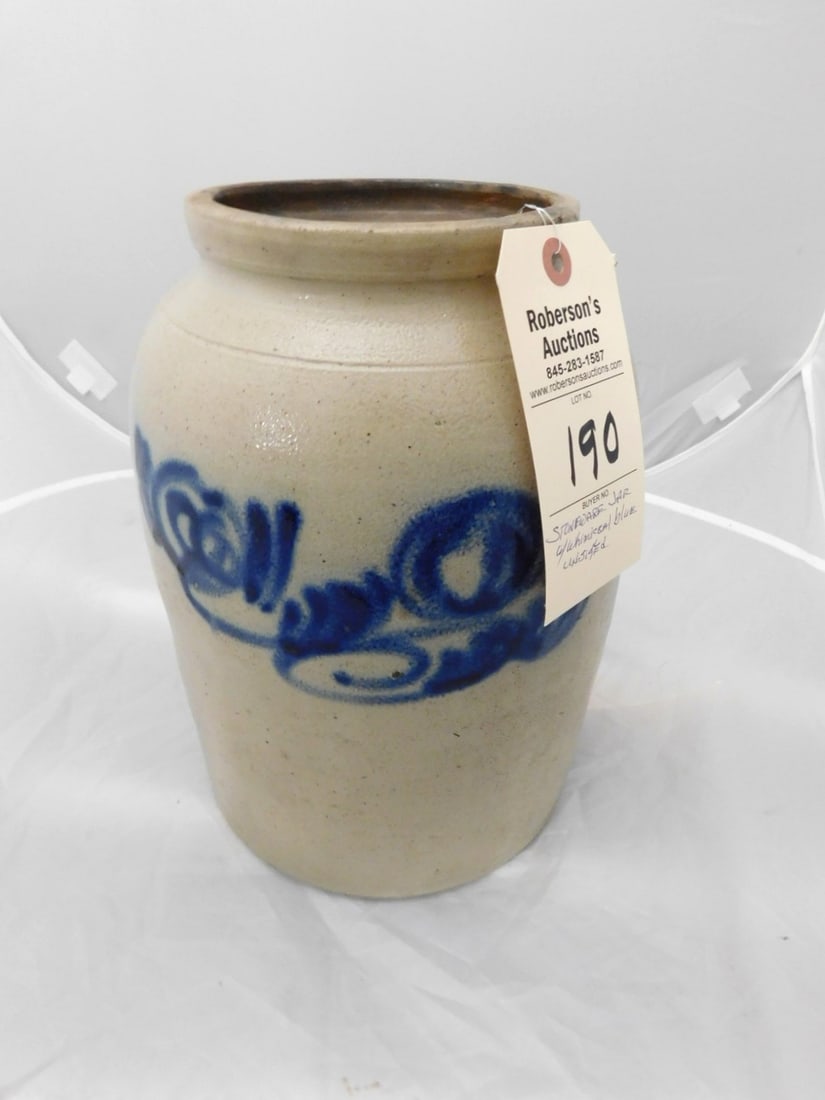 1 Gal. Stoneware Jar w/Blue Decoration: 1 Gal. Stoneware Jar w/ Whimsical Blue Decoration- Unsigned in VG Cond. - 11 1/2"H